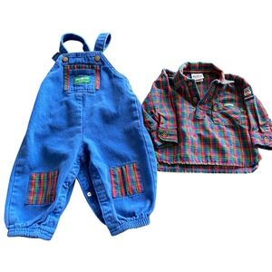 Vintage OshKosh B'Gosh 18M Plaid Shirt and Blue Overalls Set Junior Mountie USA